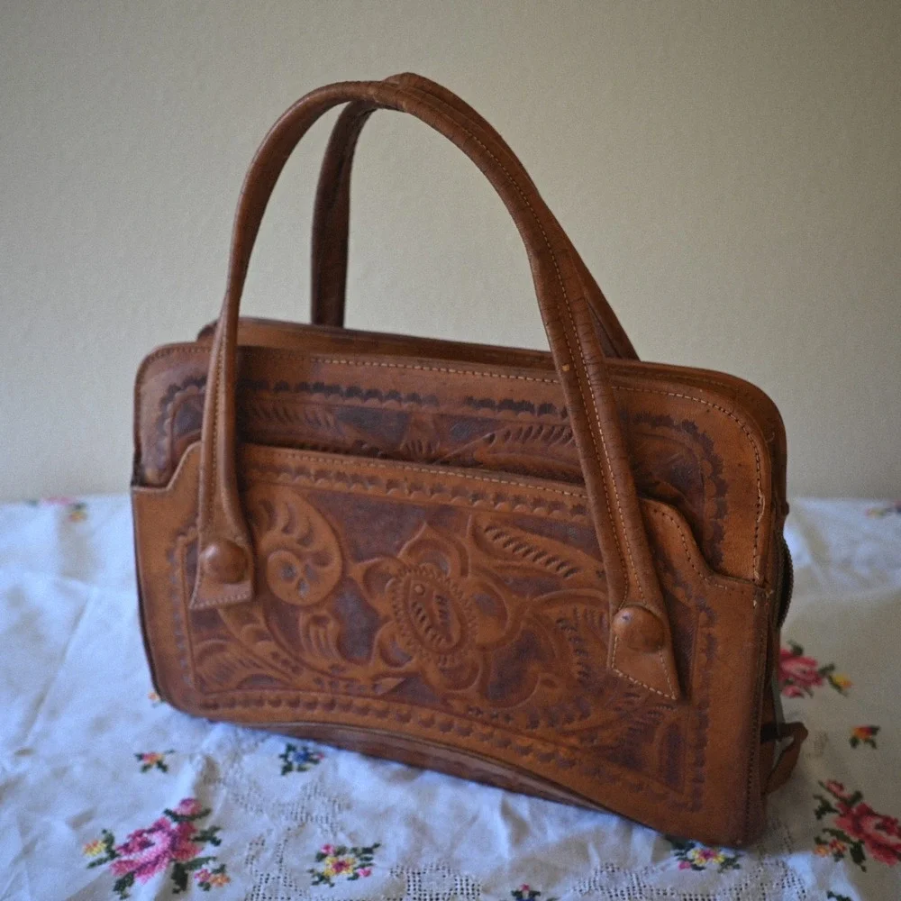 Vintage Azteca Mexican Hand Tooled Leather Top Handle Bag Brown Floral